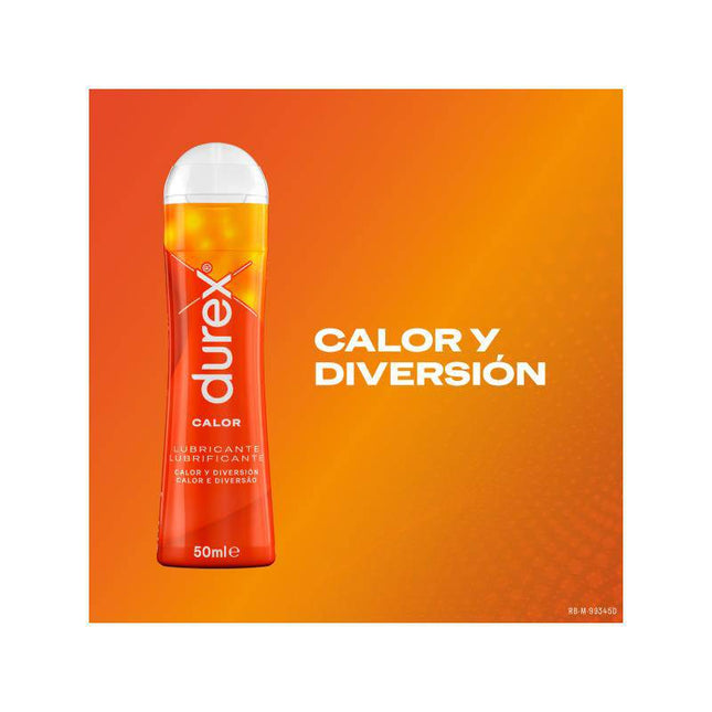 Lubricant Durex Play Calor 50Ml bottle on orange background with 'Calor y Diversión' text