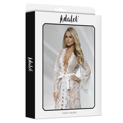 Lucy Semi Transparent Peignoir and Thong White by Adalet in packaging, woman wearing lace chemise, romantic lingerie set