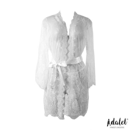 Lucy Semi Transparent Peignoir and Thong White by Adalet, featuring delicate lace and satin ribbon, perfect for romantic evenings.