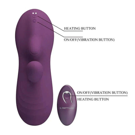 Purple vibrator and remote showing buttons for the Luka Seat with Vibrator, Finger, Heat Effect and Rotating Beads.