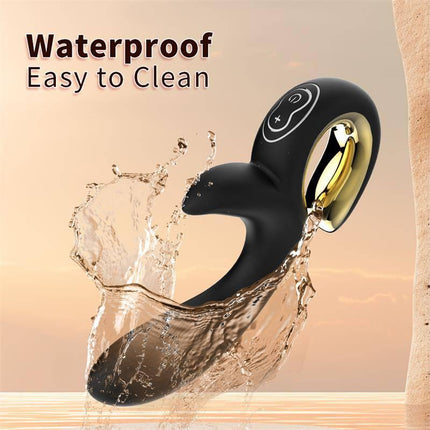 Lulu Vibe with thrusting, black silicone vibrator, waterproof and easy to clean design, splashing in water.