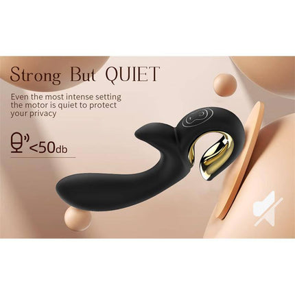 Lulu Vibe with thrusting; elegant black and gold design, quiet motor, ultra-soft silicone for smooth sensation, enhancing pleasure.