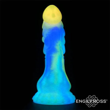 Luminiscent Dragon Shaped Dildo 18 cm with suction cup by Engily Ross, glowing blue and yellow silicone toy for fantasy play