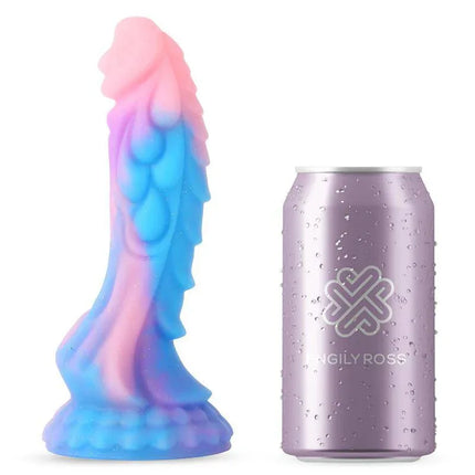 Luminiscent Dragon Shaped Dildo 18 cm next to a can for size comparison