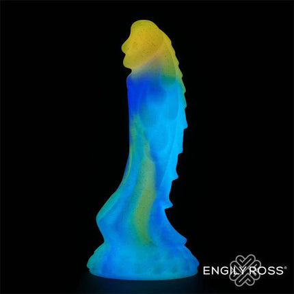 Luminiscent Dragon Shaped Dildo 18 cm in blue and yellow with suction base