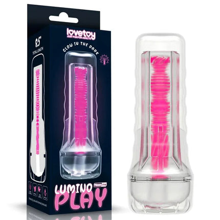 Lumino Play Masturbator Pink Glow 8.5 in packaging, glow-in-the-dark feature, sexual wellness product.