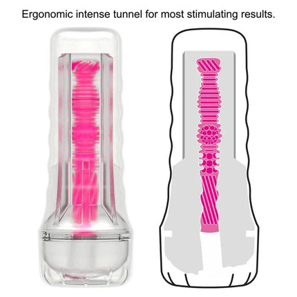 Diagram of Lumino Play Masturbator Pink Glow 8.5 with textured tunnel for intense stimulation