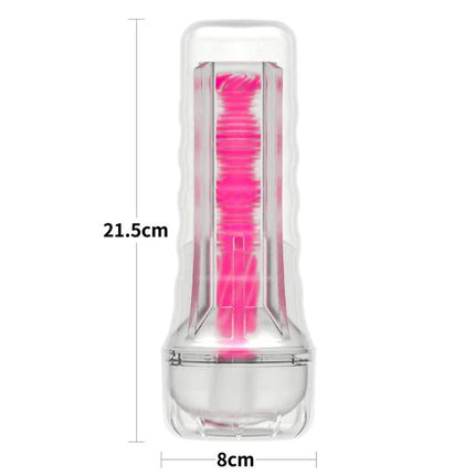 Lumino Play Masturbator Pink Glow 8.5 with measurements 21.5cm x 8cm, featuring a glowing pink textured sleeve for enhanced stimulation.
