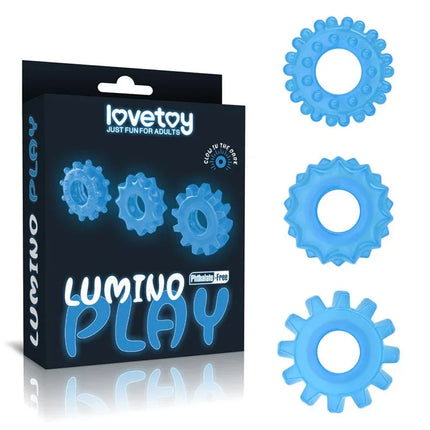 Lumino Play Set 3 Penis Ring Blue Light glow-in-the-dark cock rings packaging and design.