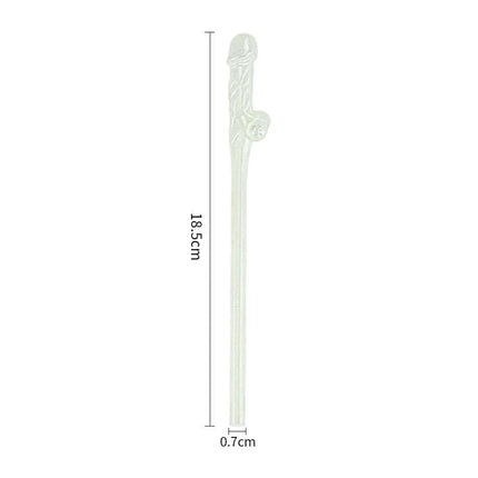 Single glow-in-the-dark straw from the Luminous Willy Straws Pack of 9, featuring a penis shape and measuring 18.5cm by 0.7cm.
