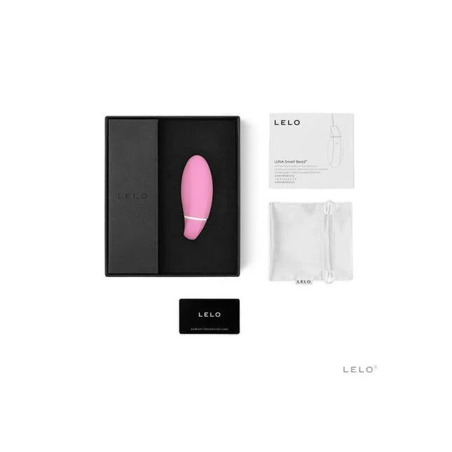 LUNA SMART BEAD Pink with silicone design, touch sensors, and vibration settings, packaged with accessories.
