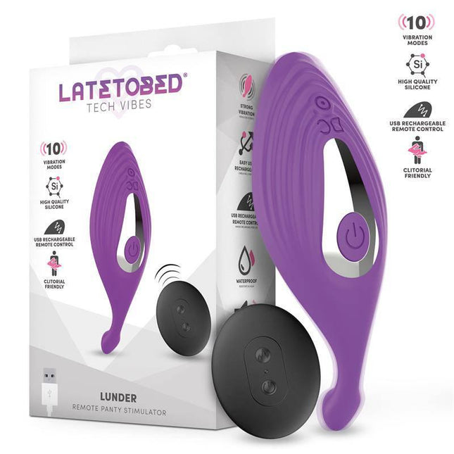 Lunder Panty Stimulator with Remote Control USB in purple, featuring 10 vibration modes and ergonomic design, displayed with packaging.