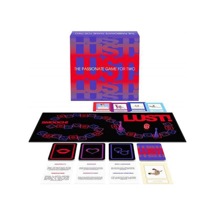 Lust card game set with board, cards, dice, and instructions for exploring romantic and physical intimacies.