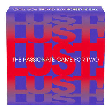 Lust (EN ES) card game box with the slogan 'The Passionate Game for Two' in bold red and blue design.