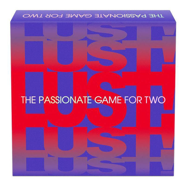 Lust (EN ES) card game box with the slogan 'The Passionate Game for Two' in bold red and blue design.