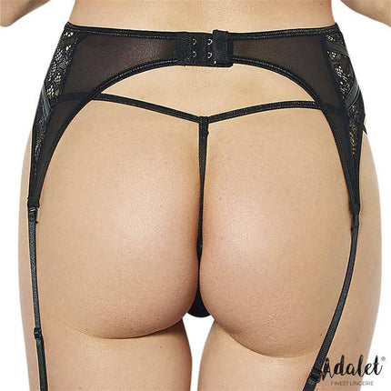 Back view of Luva Garter with Floral Lace and Thong Set by Adalet featuring sheer floral mesh sides and coordinating thong.