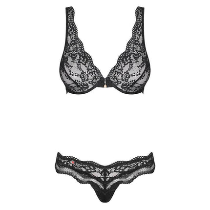 Luvae 2 Pieces Set - Black Lace Underwired Bra and Thong Lingerie