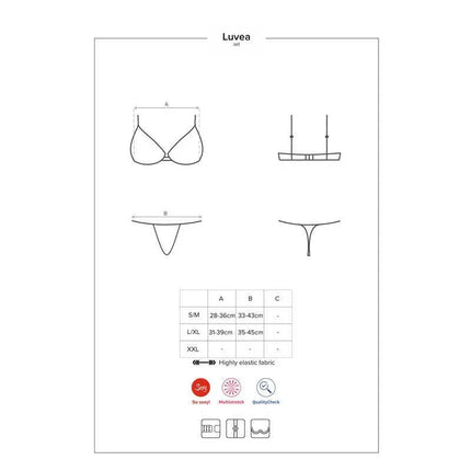 Size chart for Luvae 2 Pieces Set showing dimensions for bra and thong.