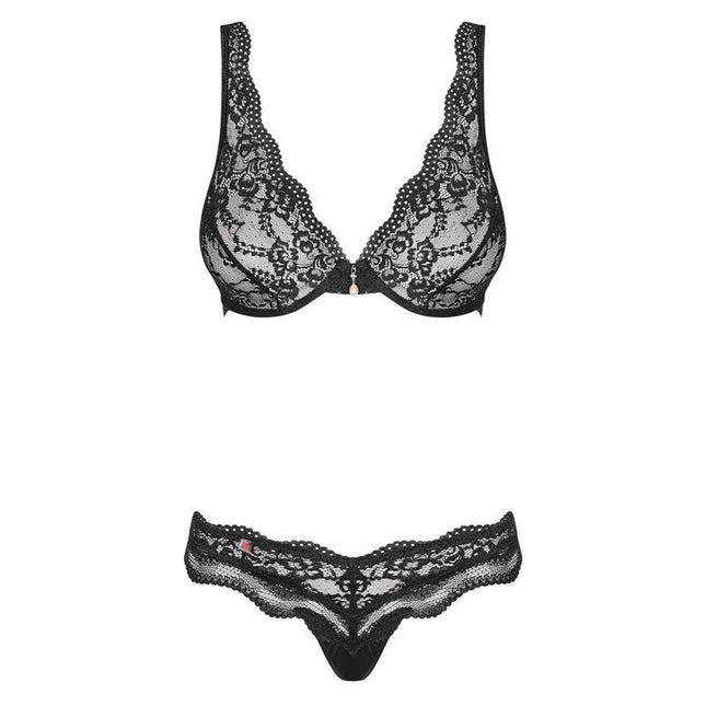 Luvae 2 Pieces Set featuring underwired bra and deep black thong in lace for elegance and comfort.