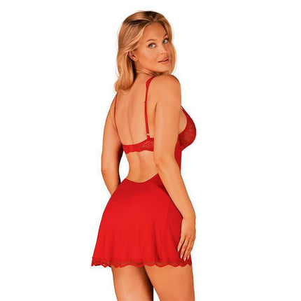 Luvae Babydoll and Thong, red lingerie with open-back design for romantic occasions, modeled.