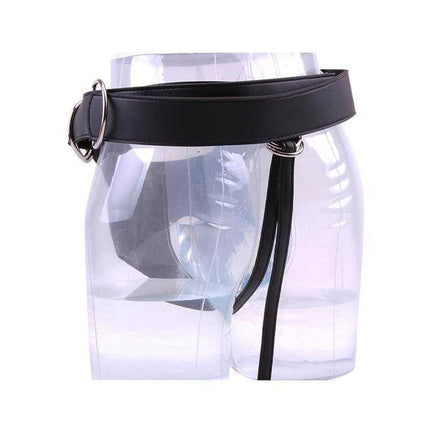 Luxe Adjustable Silicone Harness Black on clear mannequin, showcasing faux leather and silicone design, ideal for personalized pleasure.