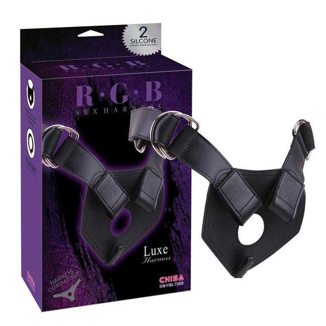 Luxe Adjustable Silicone Harness Black with package showcasing premium design and classy finish for optimal pleasure.