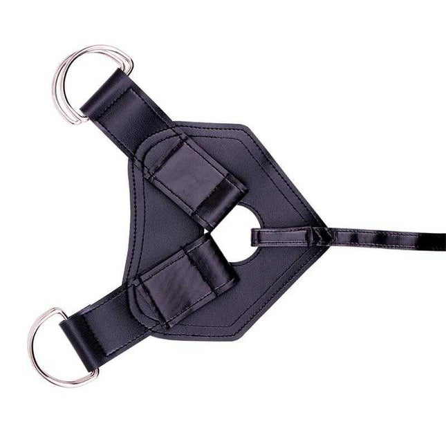 Luxe Adjustable Silicone Harness Black with three rings for secure fit and comfort, made of faux leather and silicone for durable pleasure.