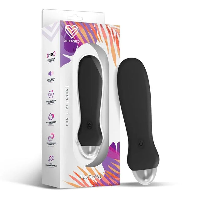 Luxo Stimulator 10 Speeds Black ergonomic design with packaging featuring Festival-inspired artwork