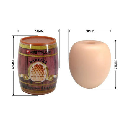 Madeira Male Masturbator Barrel Shape with dimensions, highlighting design and material details.