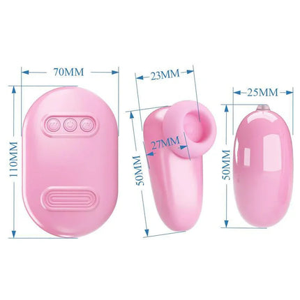 Magic Box Vibrating Egg and Tapping Stimulator with dimensions in pink color