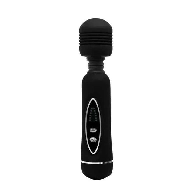 Magic Massager Black with multiple heads for muscular relief and pleasure, offering powerful vibrations and waterproof design.