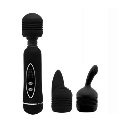 Magic Massager Black with multiple heads for muscular relief and intimate pleasure, waterproof and compact for versatile use.