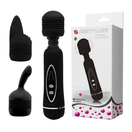 Magic Massager Black with multiple heads for muscular relief and intimate pleasure, waterproof and compact design, in packaging.