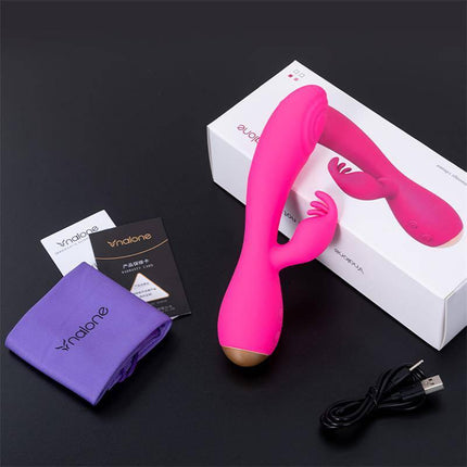Magic Stick Rabbit Vibe with Pulsation Fuchsia in silicone, shown with packaging and accessories, ideal for G-Spot stimulation.