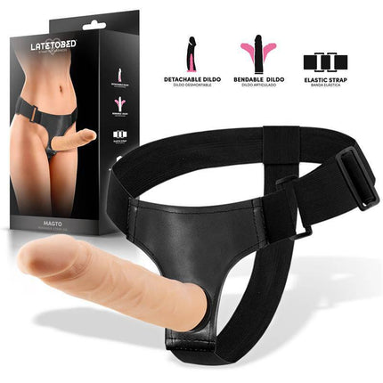 Magto Bendable Strap-On Harness with realistic detachable dildo and adjustable strap, featured in Latetobed packaging.