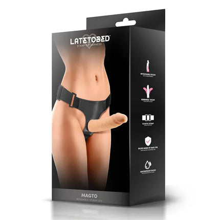 Packaging of Magto Bendable Strap-On Harness from Latetobed featuring adjustable, lifelike dildo for versatile intimate play.