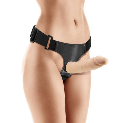 Model wearing Magto Bendable Strap-On Harness with articulated dildo for flexible movement, designed by Latetobed.