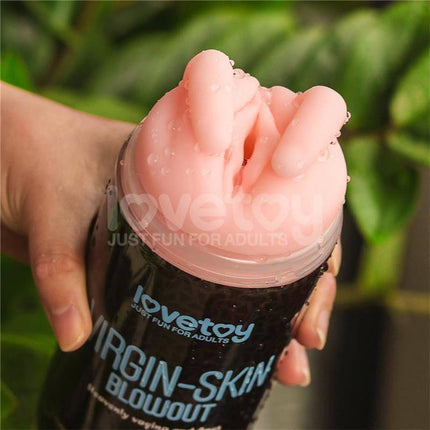 male masturbator vagina and anus Virgin-skin stroker held in hand with water droplets on realistic dual-ended sleeve