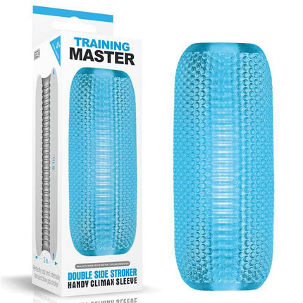 Male Masturbator Double Side Stroker Blue with packaging showing textured blue design for enhanced pleasure and flexibility.