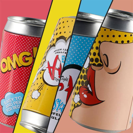 Colorful cans of Male Masturbator Easy Fun Cup with pop art design, showcasing discreet adult product packaging.