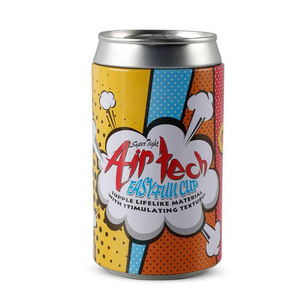 Colorful can of Male Masturbator Easy Fun Cup, discreet design for solo or shared enjoyment, featuring pop art graphics.