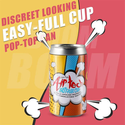 Colorful Male Masturbator Easy Fun Cup in a discreet tin-shaped exterior on a vibrant graphic background.