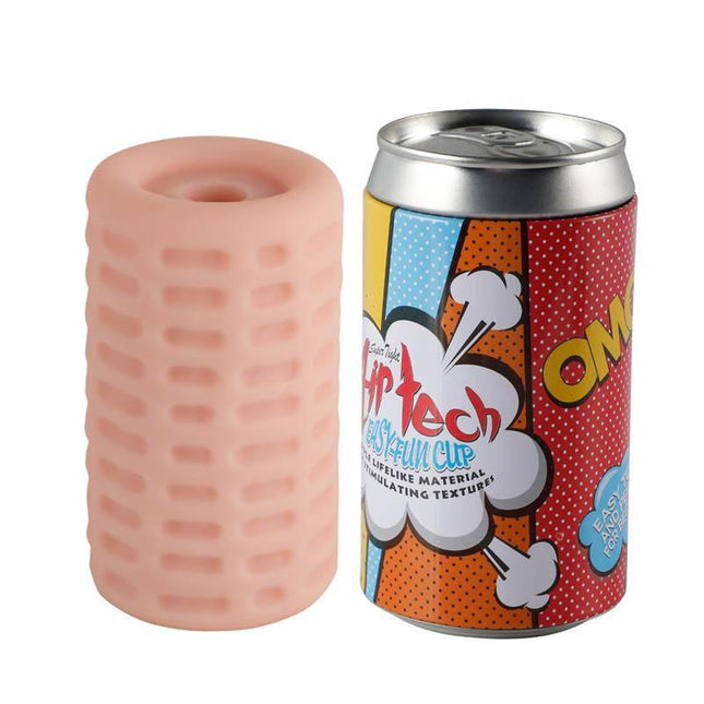 Male Masturbator Easy Fun Cup with discreet tin-shaped exterior and soft, flexible interior sleeve for solo or partnered use.