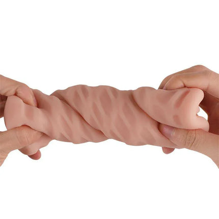 Hands holding and stretching the textured sleeve of the Male Masturbator Easy Fun Cup.