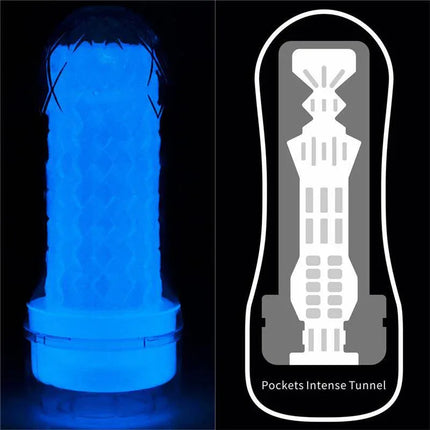 Male Masturbator Lumino Blue Light glow-in-the-dark design with Pockets Intense Tunnel display, visible blue glow effect