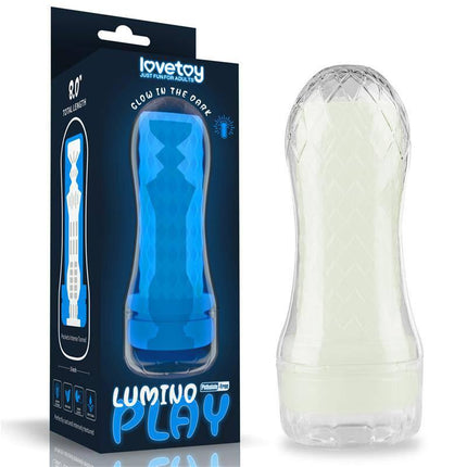 Male Masturbator Lumino Blue Light product packaging and transparent glow-in-the-dark sleeve.