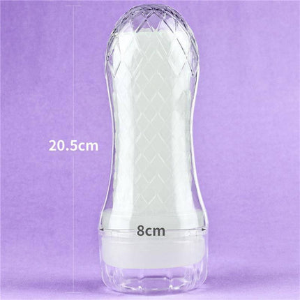 Male Masturbator Lumino Blue Light with glow-in-the-dark design, 20.5 cm height and 8 cm width, on purple background.