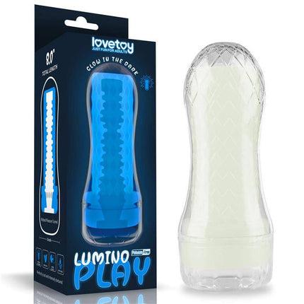Male Masturbator Lumino Blue Light in packaging next to transparent view