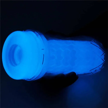 Male Masturbator Lumino Blue Light glowing in the dark, compact and vivid design for an enhanced intimate experience.