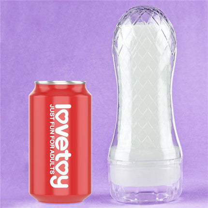 Male Masturbator Lumino Blue Light next to a standard soda can for size comparison